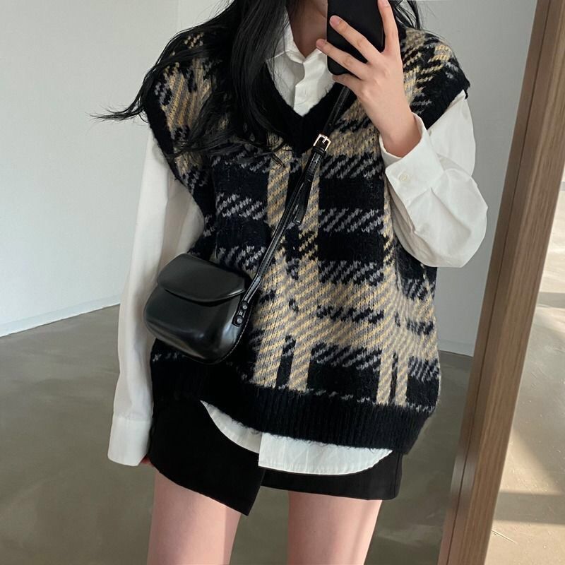 Women Formal Wear Korean - Atasan Rajut Wanita Motif Kotak-kotak 2025