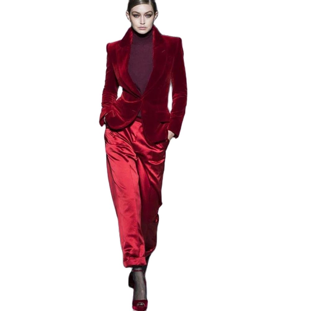 Women'S Formal Wear Tuxedo - Setelan Celana Wanita Beludru Merah Anggur